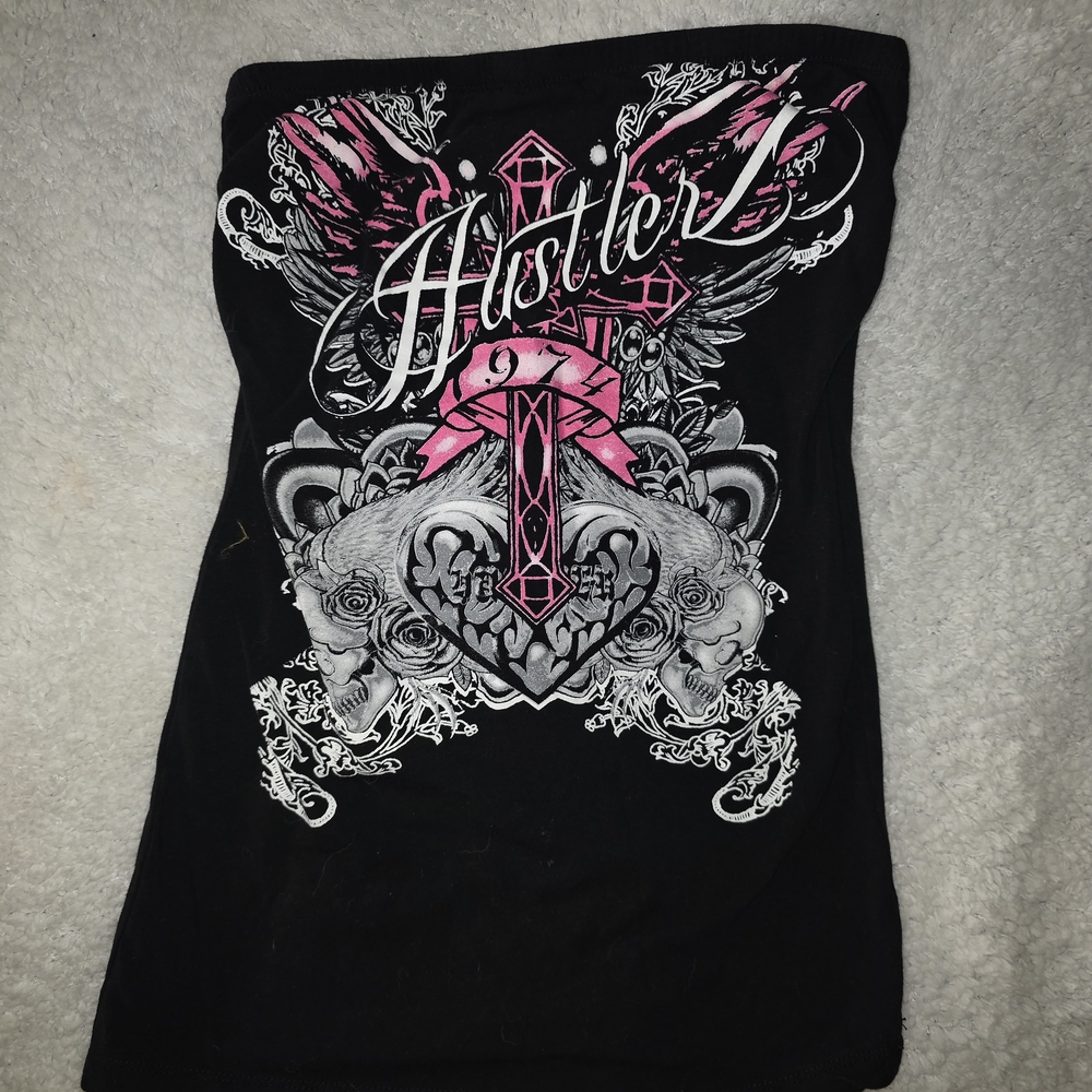 Hustler Hollywood Black and Pink Graphic Tube Top